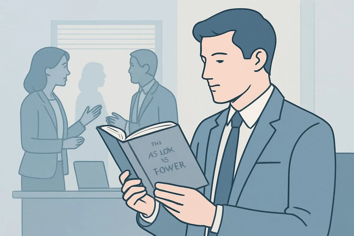 Illustration of a man in a suit reading The 48 Laws of Power while coworkers talk behind him