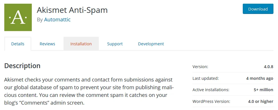 Akismet plugin page inside the WordPress admin