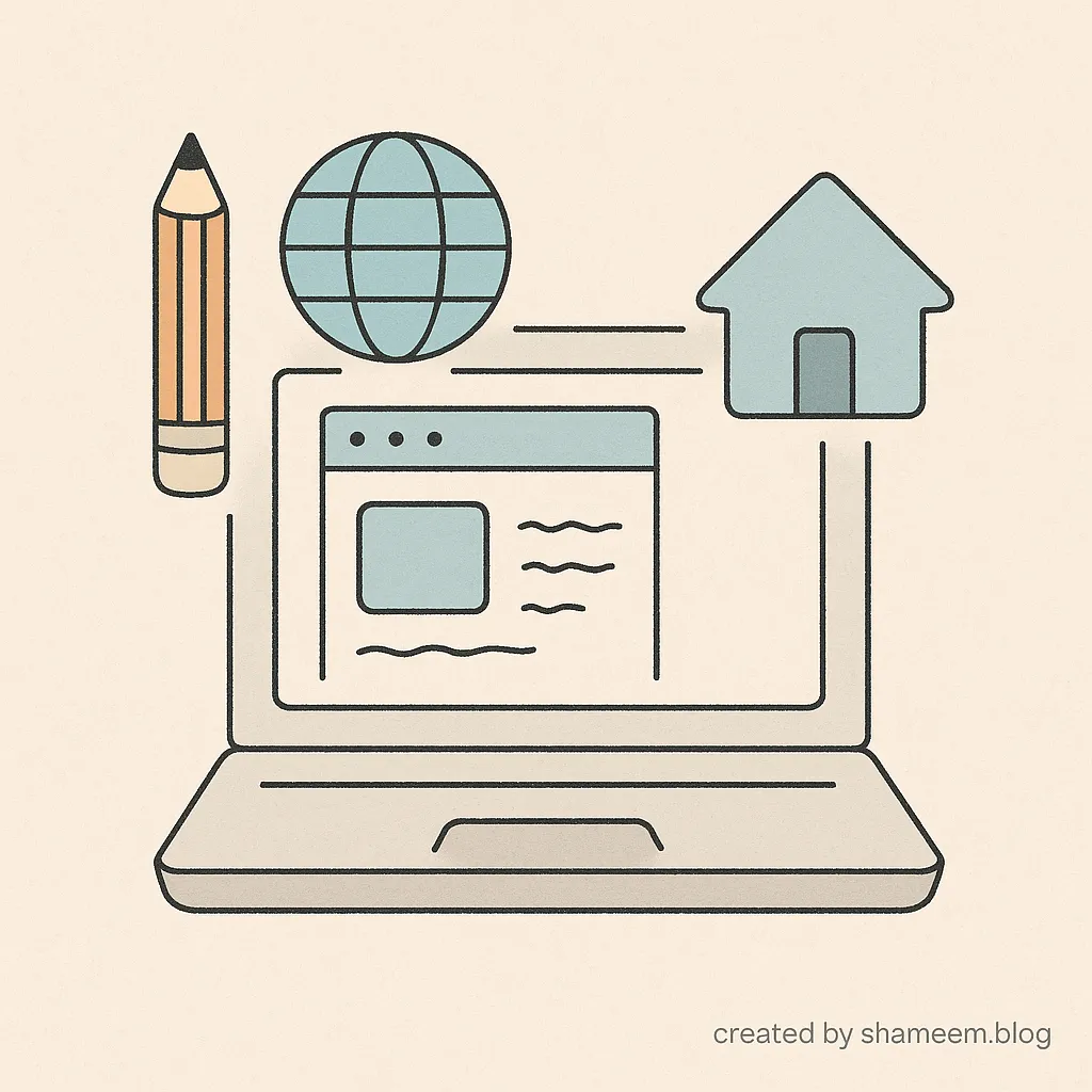 Line drawing of a laptop with a pencil, a globe, and a house icon