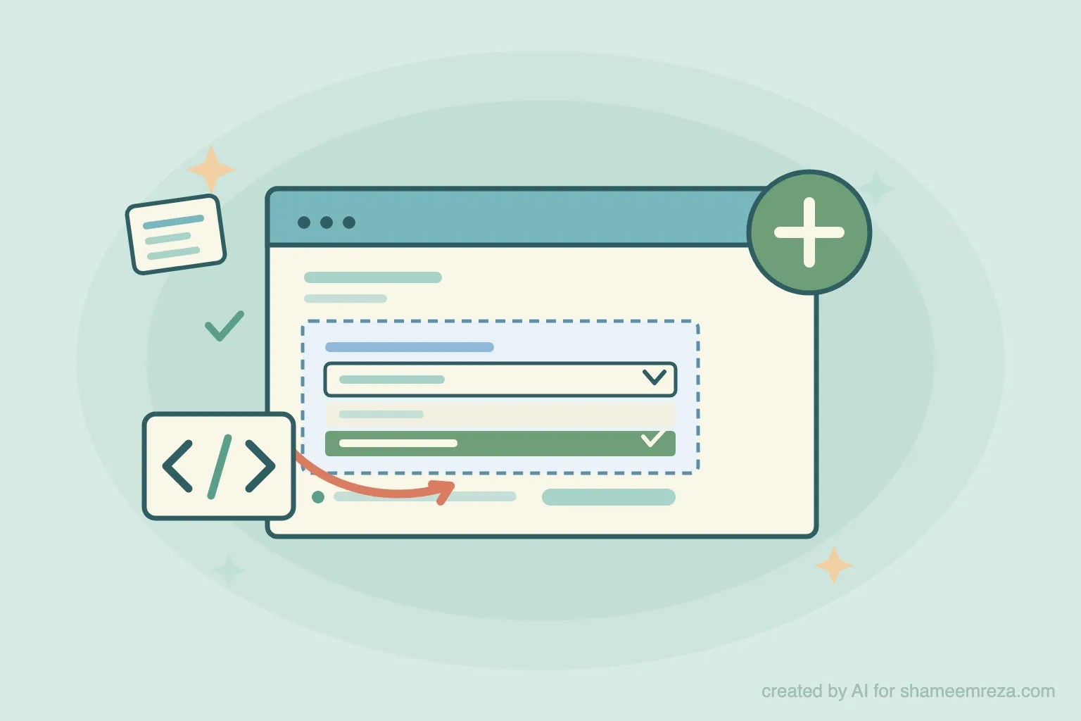 Illustration of a browser checkout window with a dropdown field being added, a plus badge, and a code badge