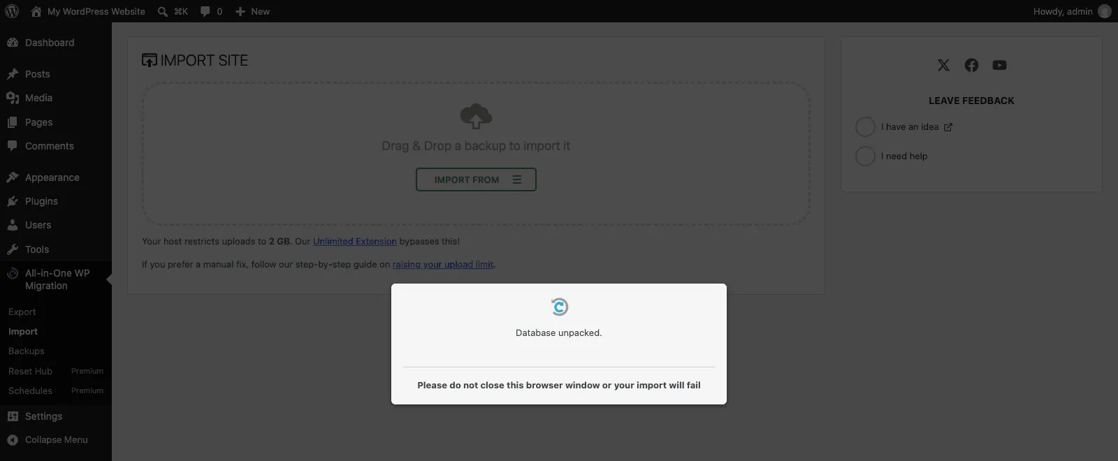 All-in-One WP Migration import modal frozen on Database unpacked with the do not close this browser window notice