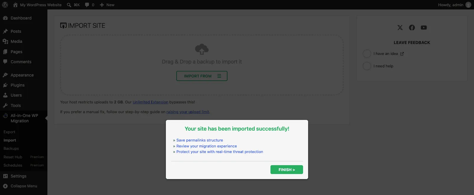 All-in-One WP Migration modal saying Your site has been imported successfully with a Finish button