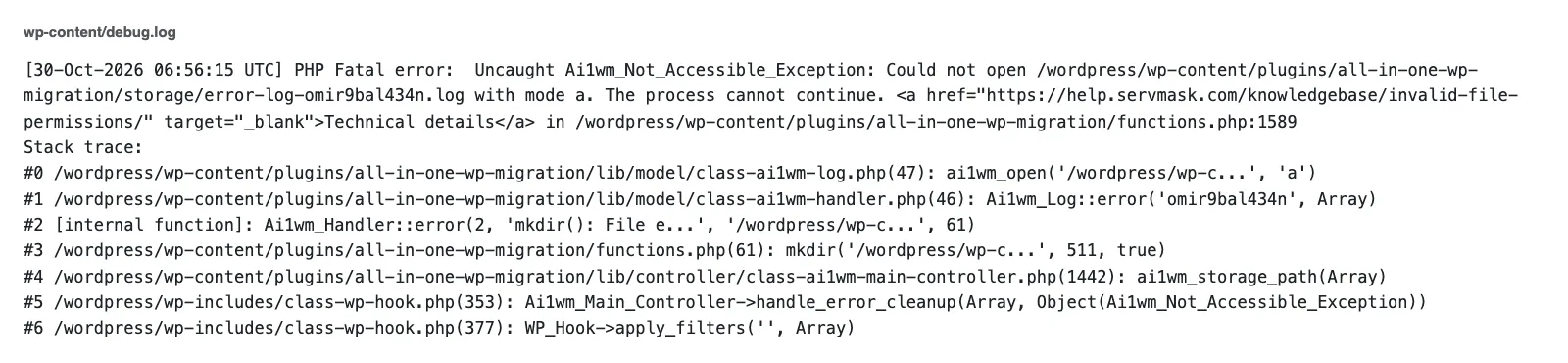 WordPress debug.log showing Ai1wm_Not_Accessible_Exception because the storage error log could not be opened