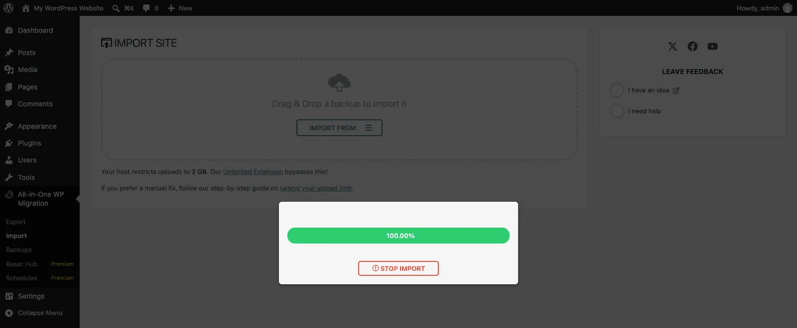 All-in-One WP Migration import modal with a green progress bar at 100.00% and a Stop Import button