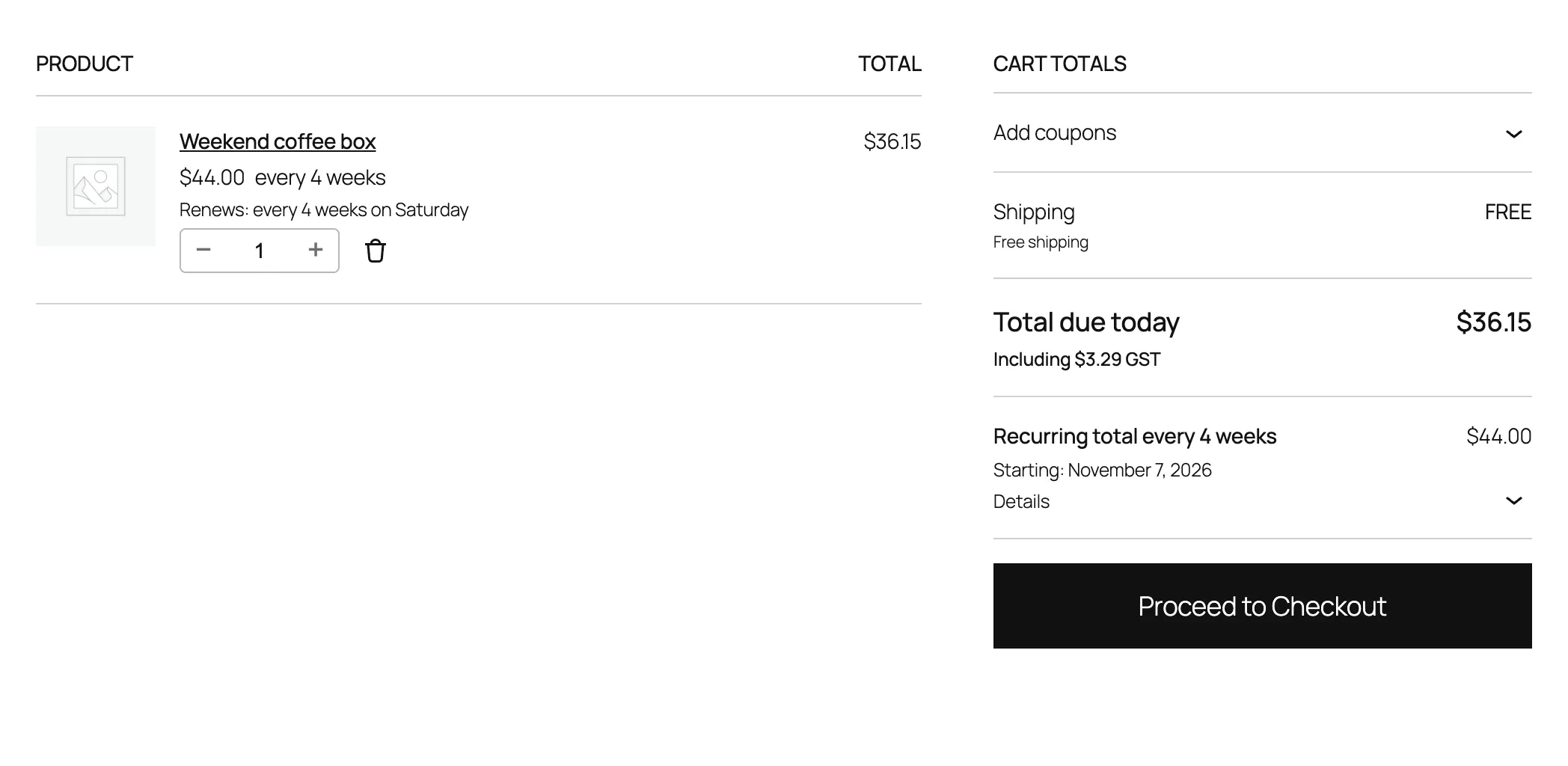 The same cart with the snippet active: $36.15 due today with tax, and the recurring total starting November 7, 2026