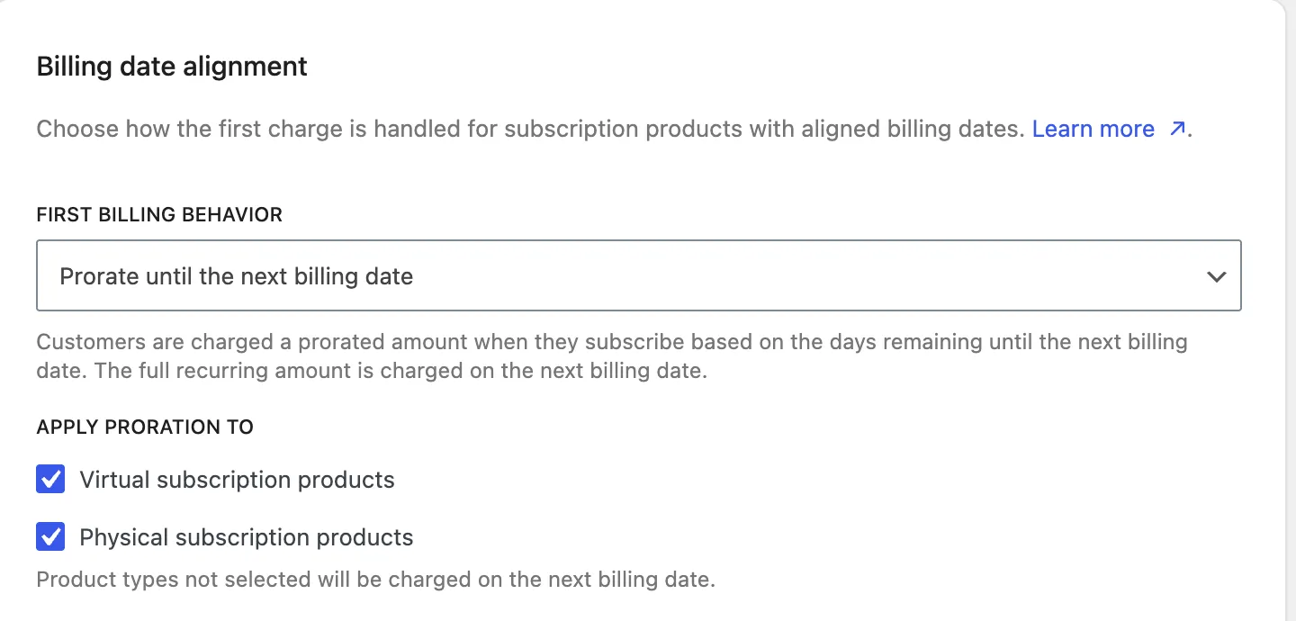 The Billing date alignment section in WooCommerce Subscriptions settings, with First billing behavior set to Prorate until the next billing date