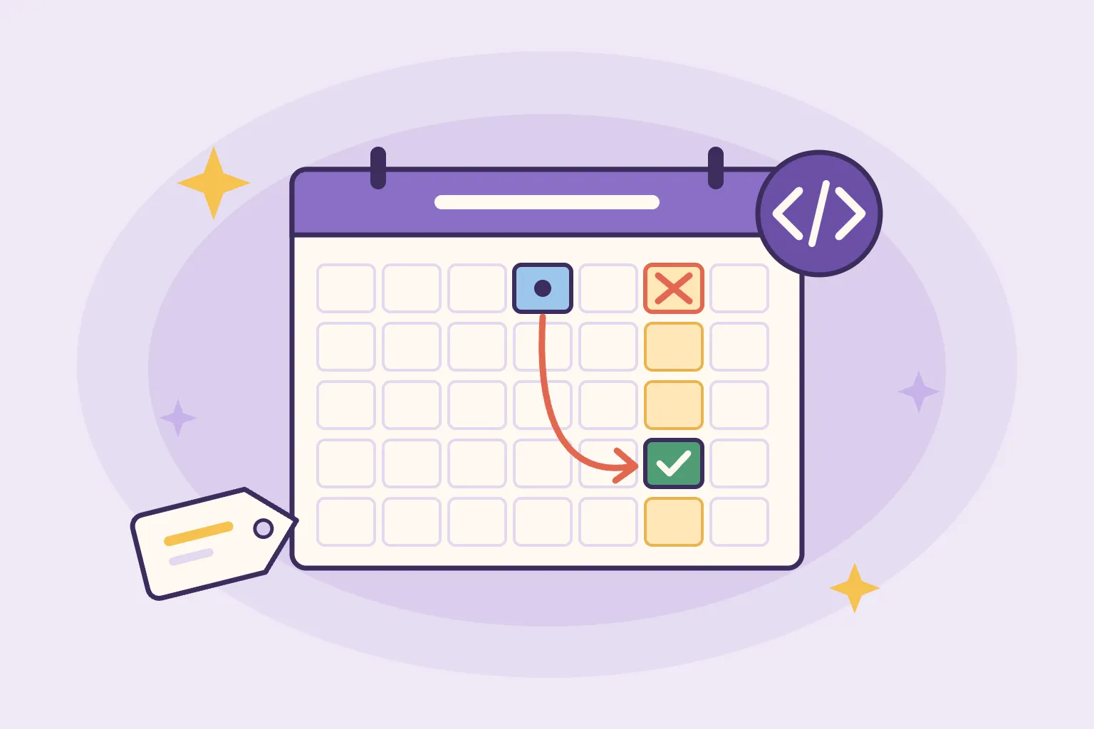 A monthly calendar with the Saturday column highlighted and an arrow from a Thursday sign-up past the crossed-out first Saturday to a checked fourth Saturday, with a code badge and a price tag