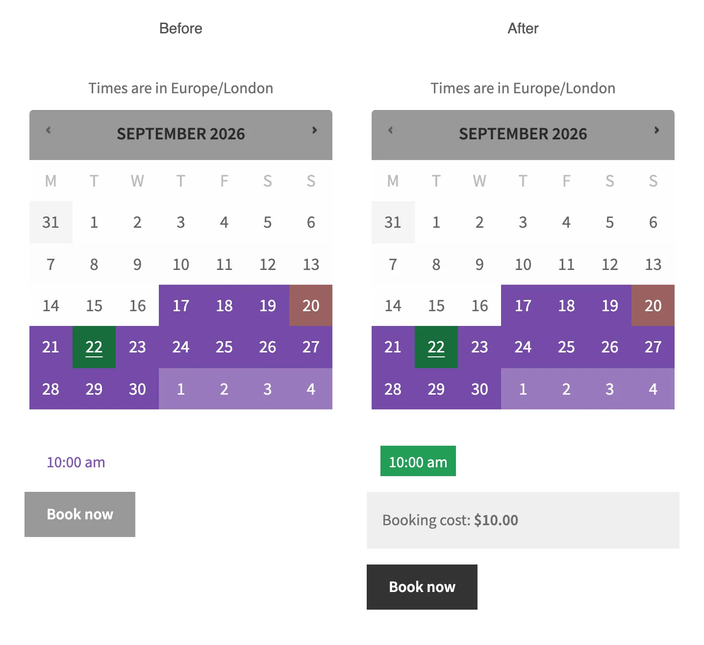 Booking form before and after the snippet: the 10:00 am slot goes from unselected with a disabled Book now button to selected with the booking cost and an enabled Book now button