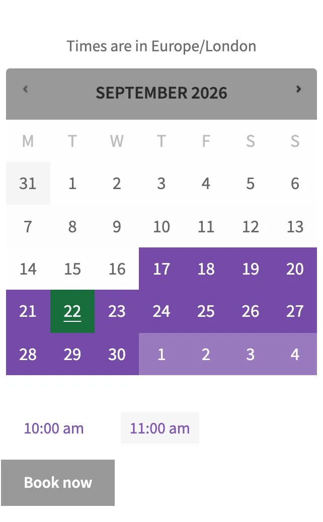 Two-slot product with the snippet active: 10:00 am and 11:00 am are both unselected and Book now is disabled