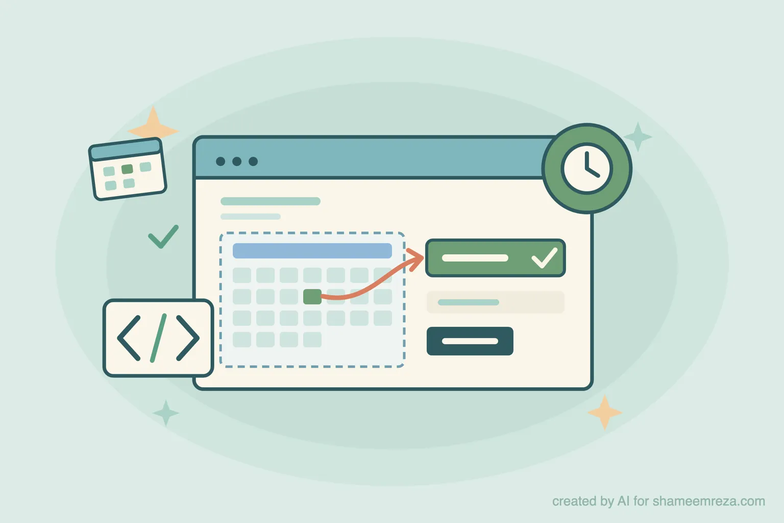 Illustration of a browser window with a booking calendar, an arrow from a picked day to a selected time slot, a clock badge, and a code badge