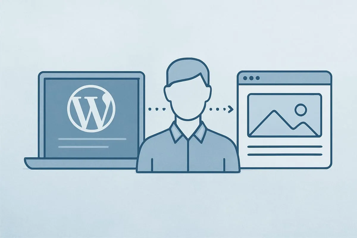 Illustration of WordPress on a laptop sending content through a person to a separate website