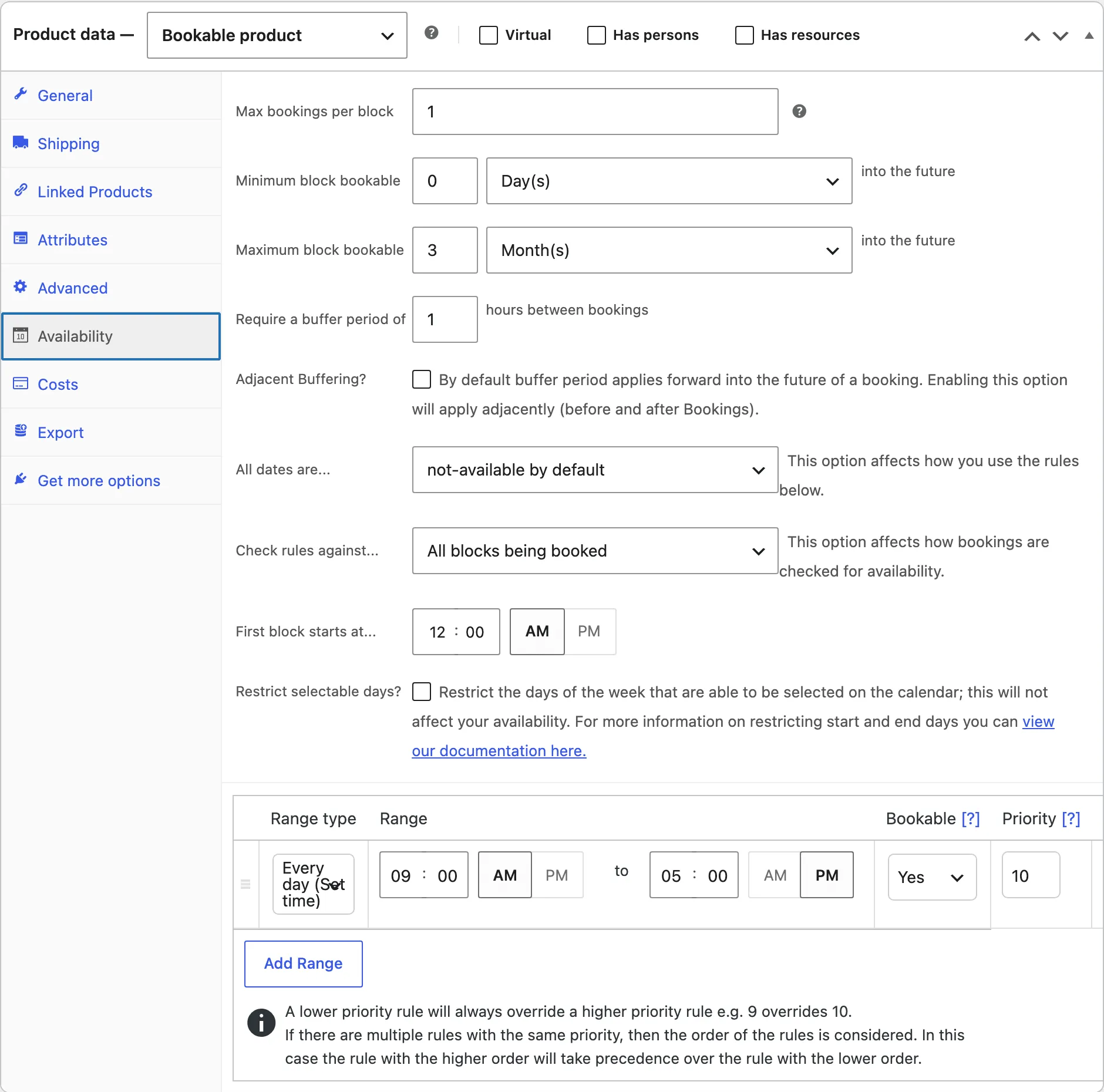 The Availability tab of the Studio session product with Max bookings per block set to 1, a buffer period of 1 hour between bookings, not-available by default, and one rule that makes every day bookable from 9:00 AM to 5:00 PM at priority 10