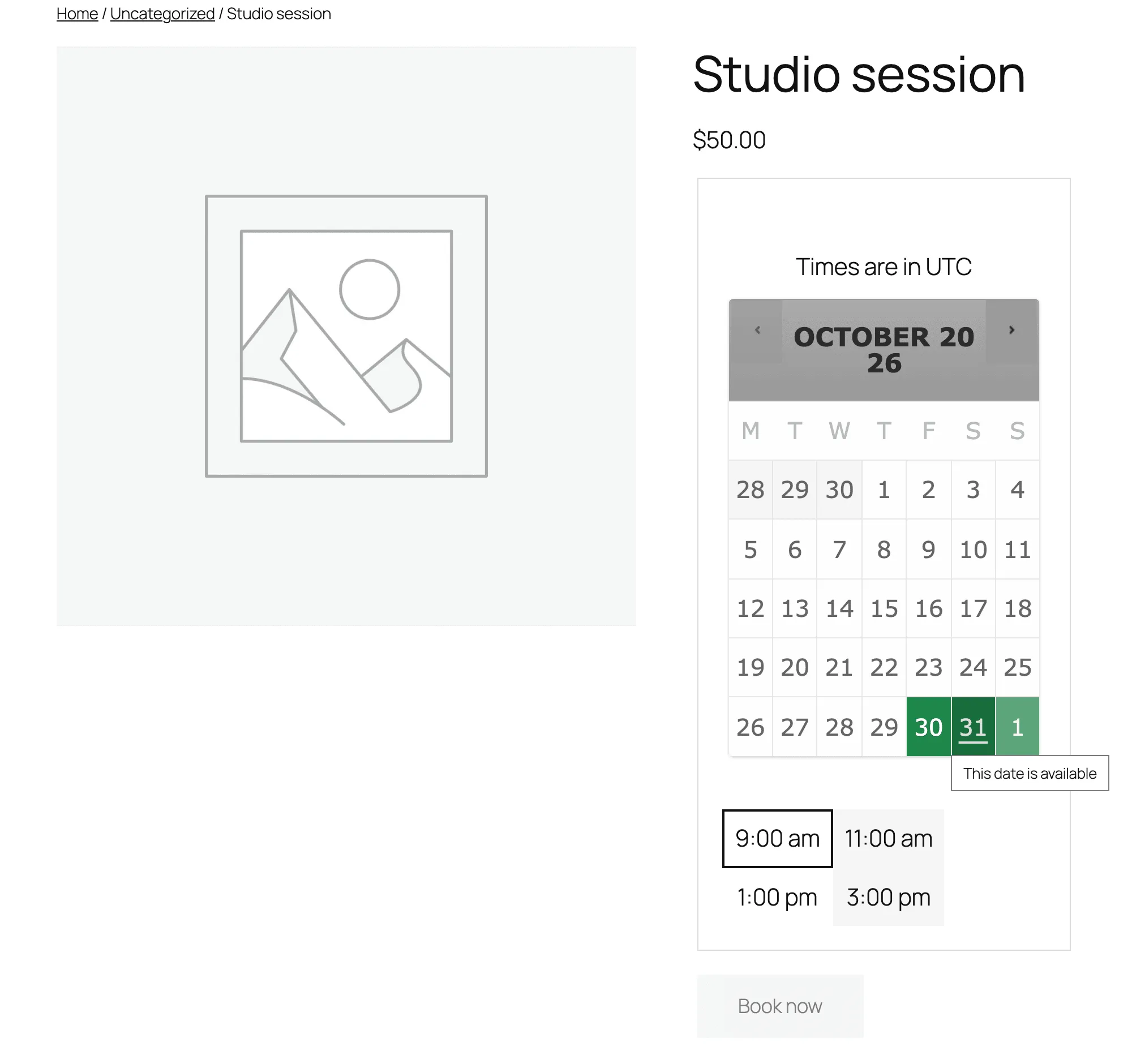 WooCommerce Bookings calendar for a Studio session product with October 31 selected and only four time slots listed: 9:00 am, 11:00 am, 1:00 pm and 3:00 pm