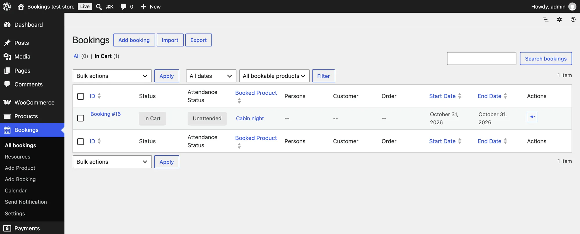 The WooCommerce Bookings list in the admin filtered to In Cart, showing All (0), In Cart (1), and Booking #16 for Cabin night with the status In Cart