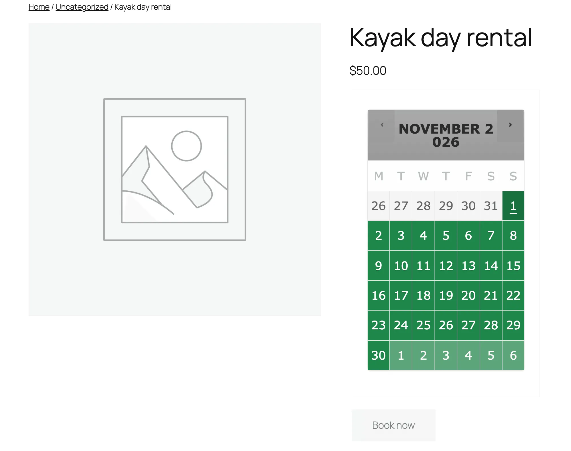 WooCommerce Bookings calendar for a Kayak day rental product opening on November 2026, with October 26 to 31 grey in the first row and November 1 as the first green date