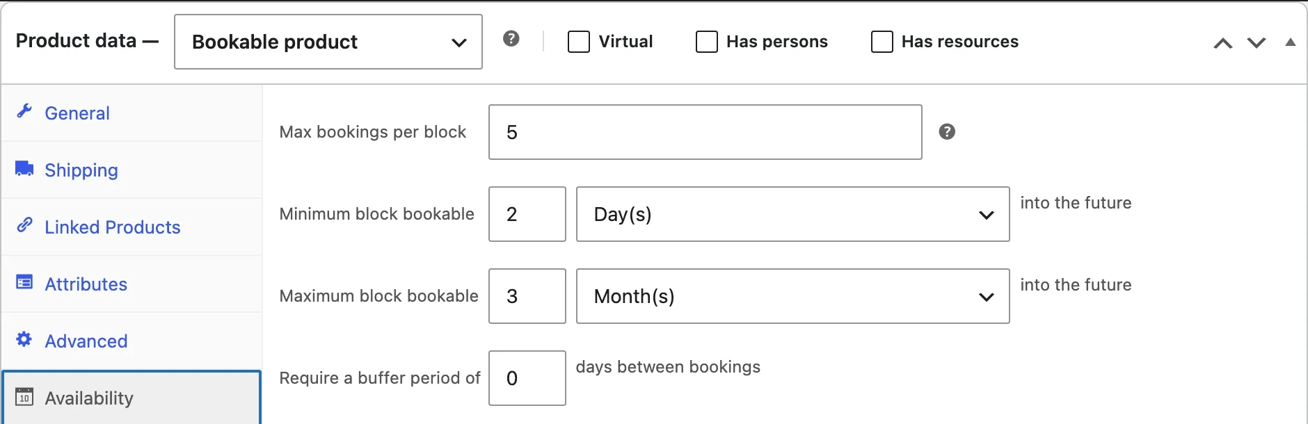 The Availability tab of a bookable product with Max bookings per block set to 5, Minimum block bookable set to 2 days and Maximum block bookable set to 3 months into the future