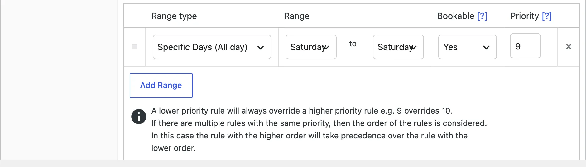 The availability rule on the Saturday workshop product: Specific Days (All day), Saturday to Saturday, Bookable Yes, priority 9