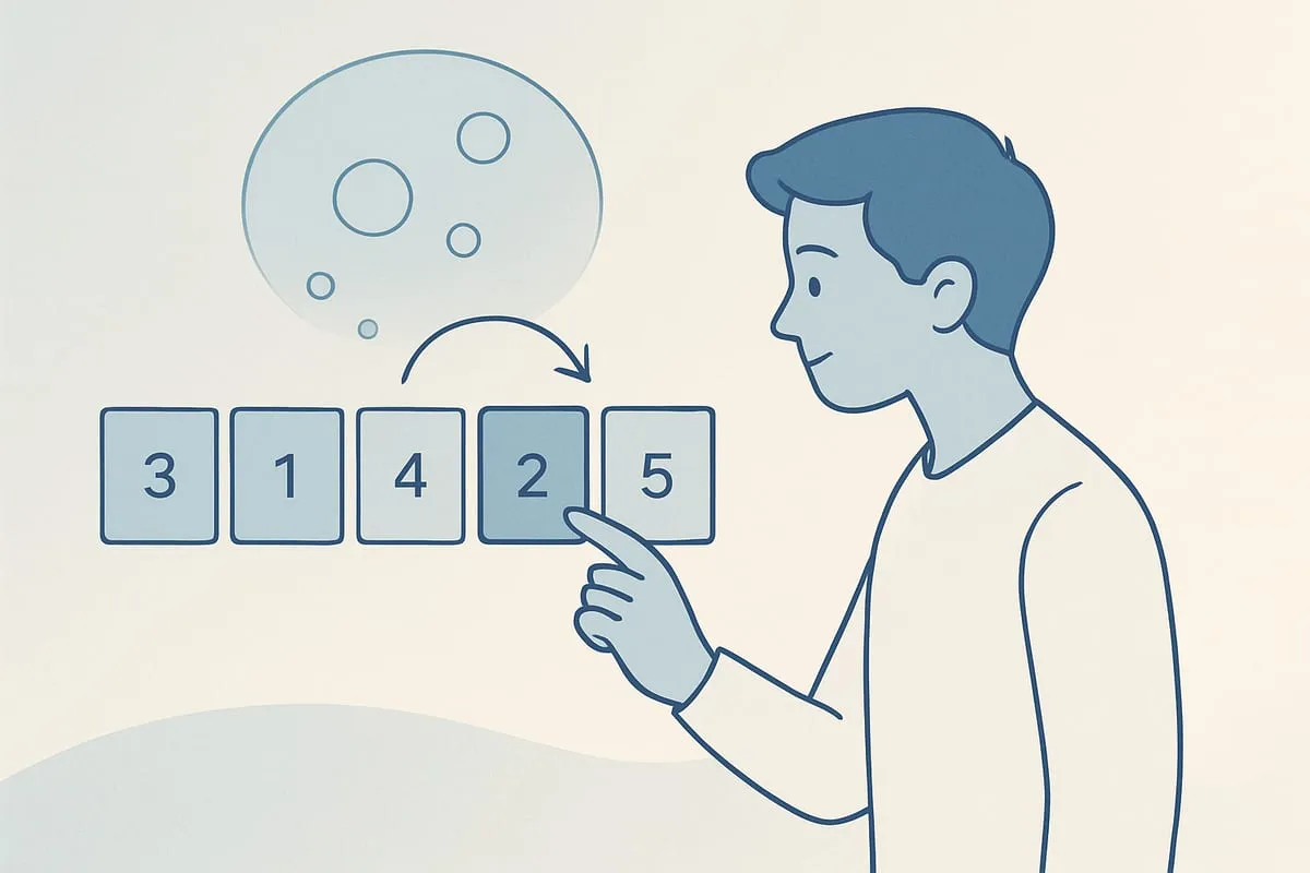 Illustration of a person swapping numbered tiles 3, 1, 4, 2, 5 while sorting them