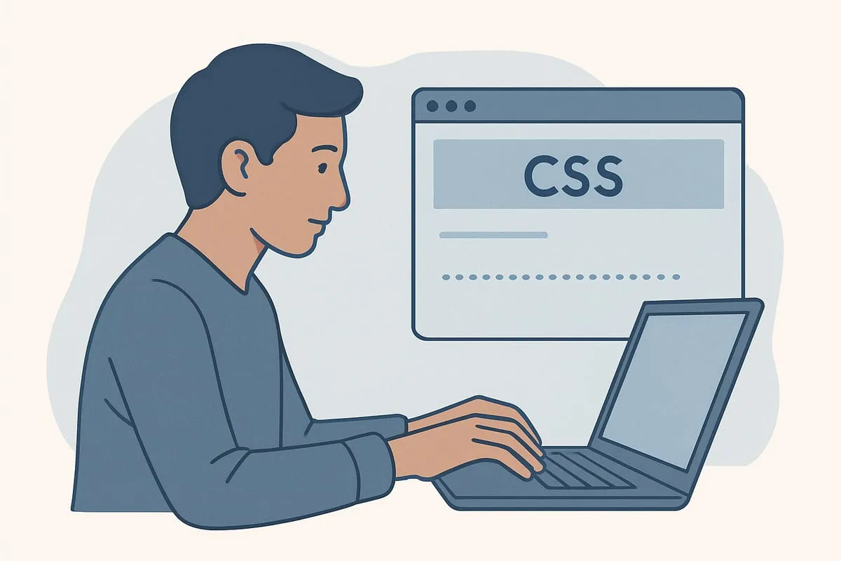 Illustration of a person typing on a laptop with a CSS editor window behind