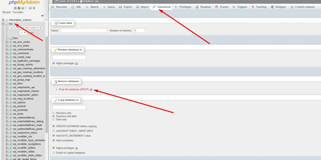 Dropping a database from the Operations tab