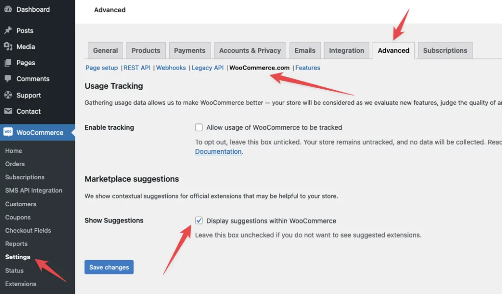 Toggle to disable WooCommerce marketplace suggestions in settings