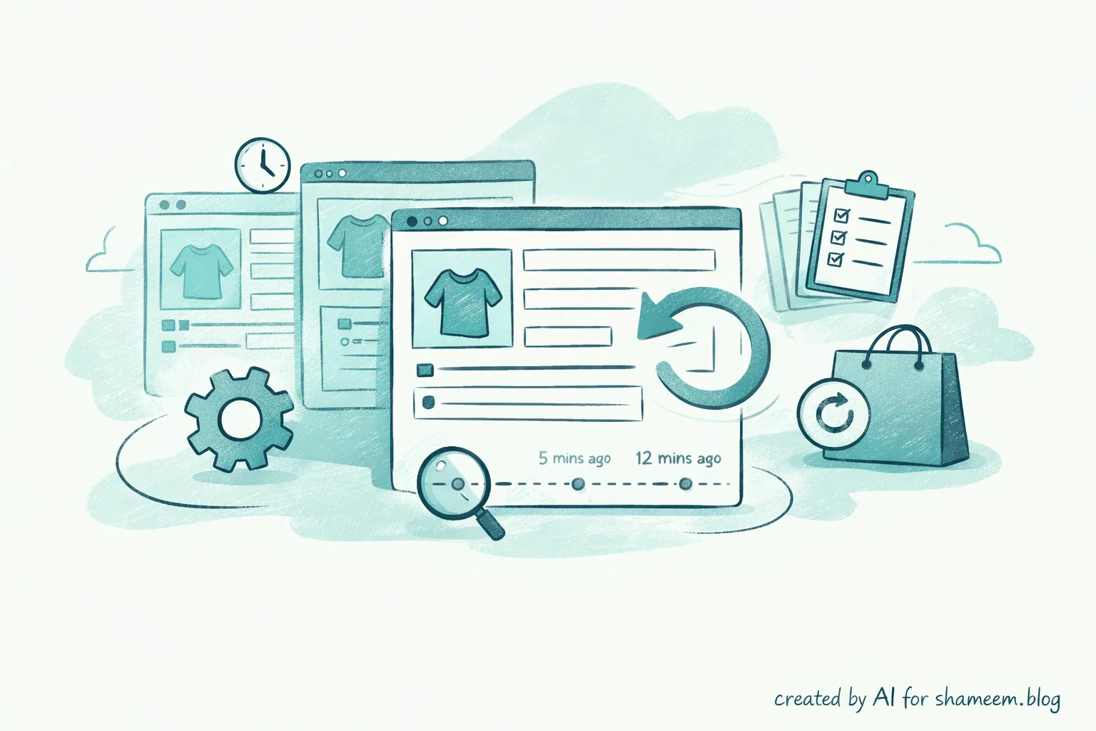 WooCommerce product edit screens with a revision history timeline