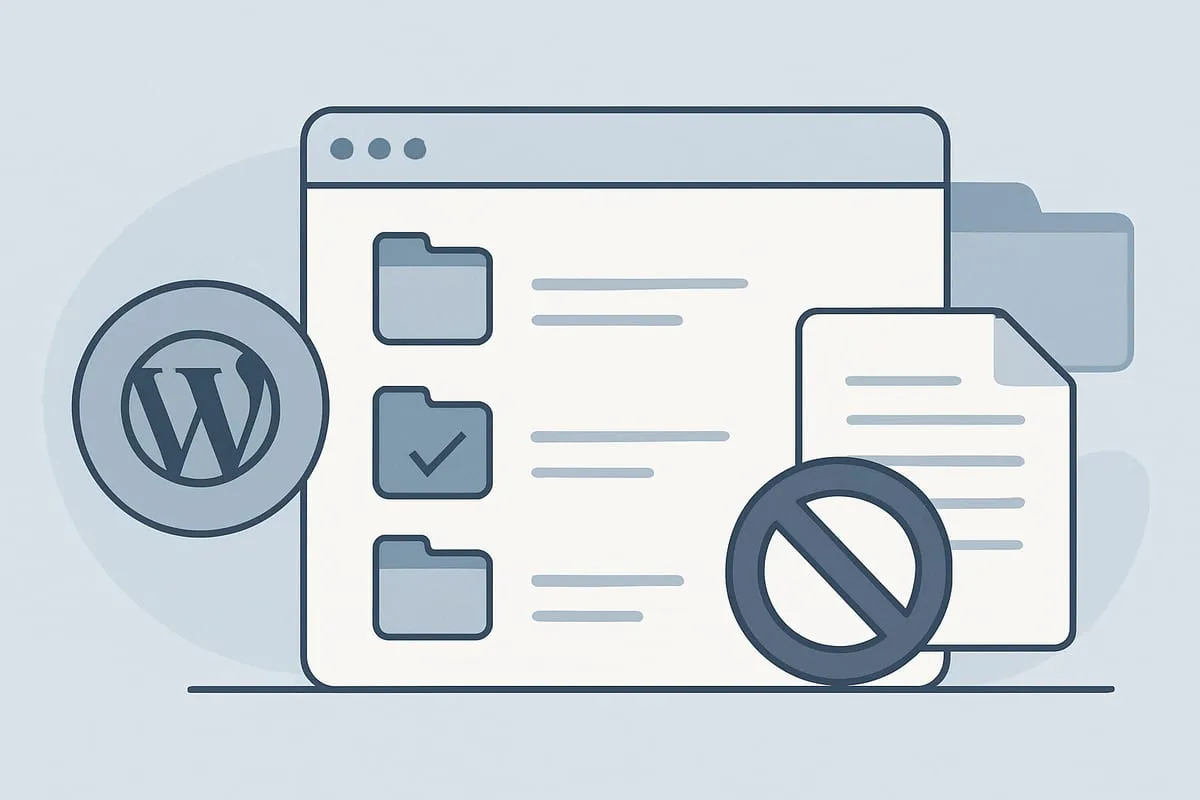 WordPress logo beside a folder list where one file is marked as excluded