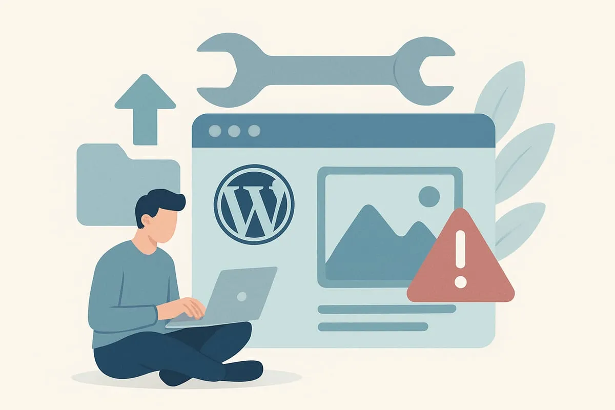 Illustration of a person on a laptop with a WordPress media upload warning