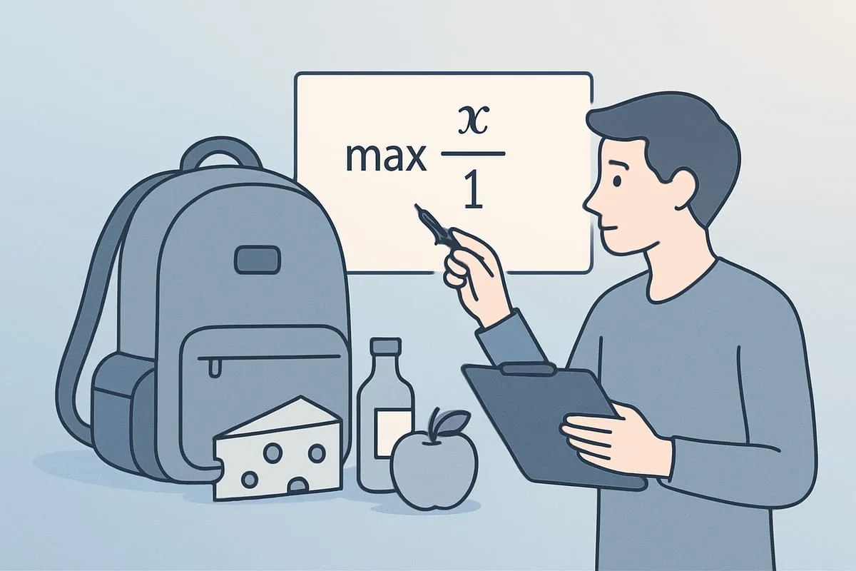 A backpack, food items, and a person writing max x over 1 for the fractional knapsack problem