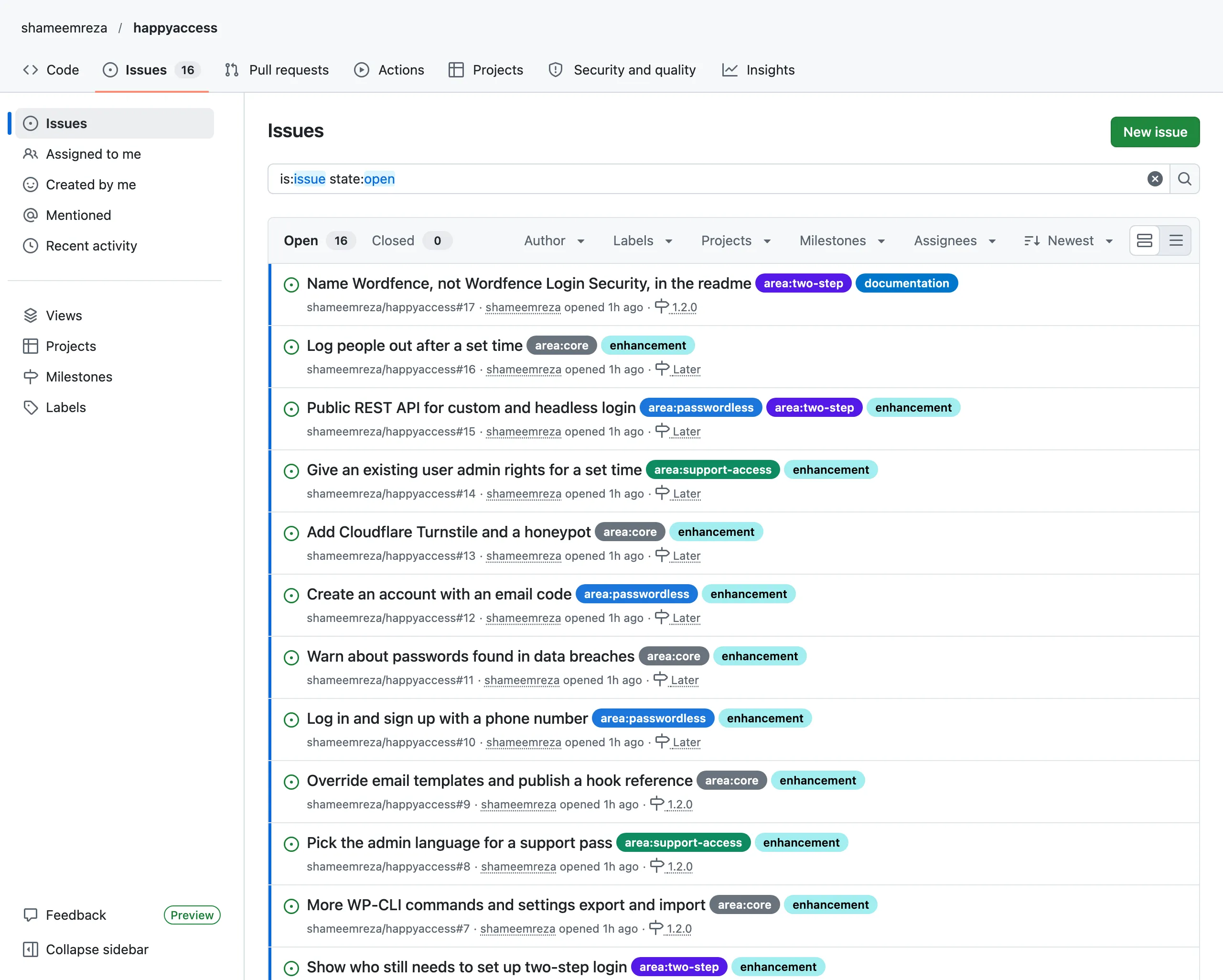 The HappyAccess issues on GitHub, each with a type label, an area label such as area:two-step or area:core, and a milestone of 1.2.0 or Later