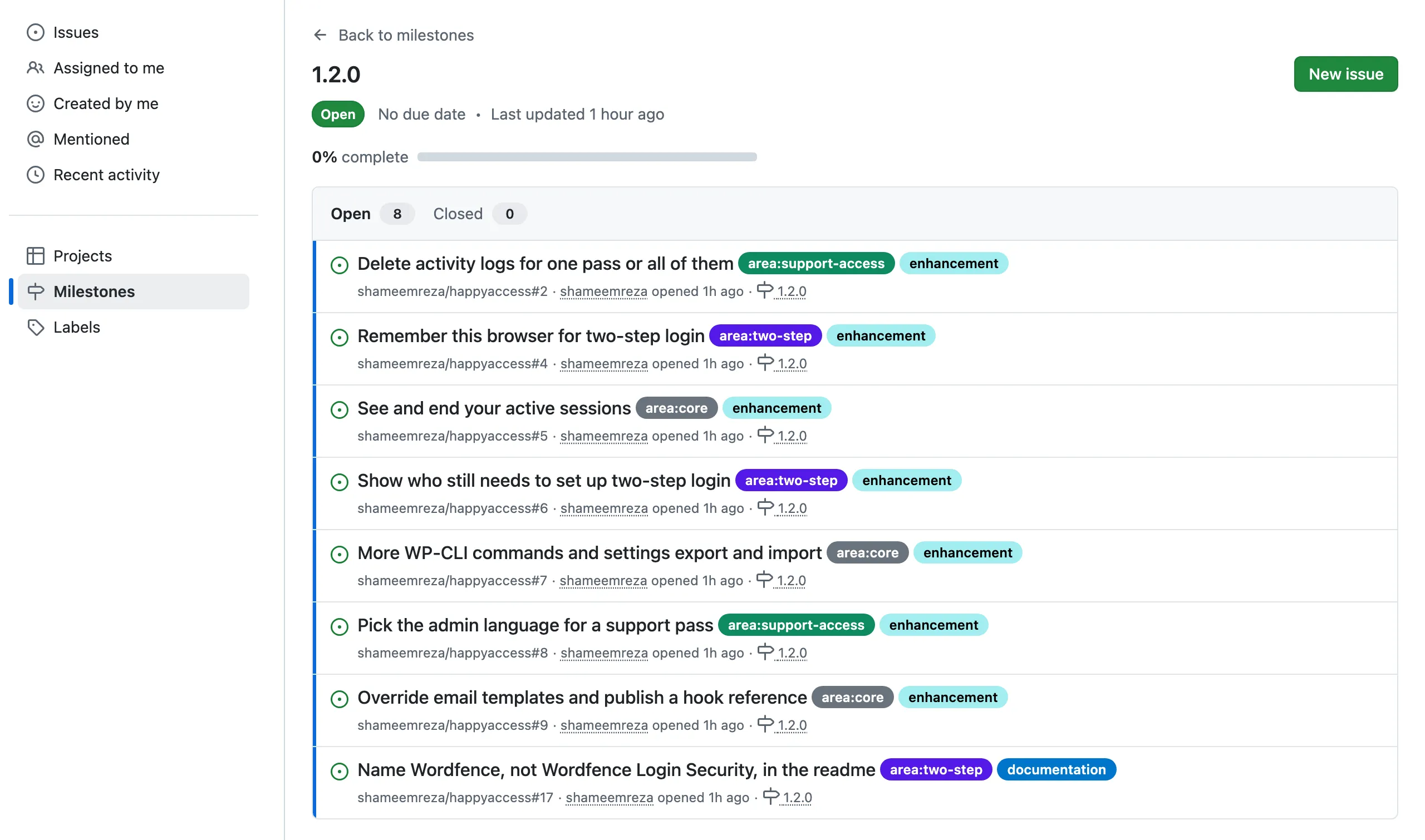 The 1.2.0 milestone on GitHub with eight open issues, each labeled with its type and area