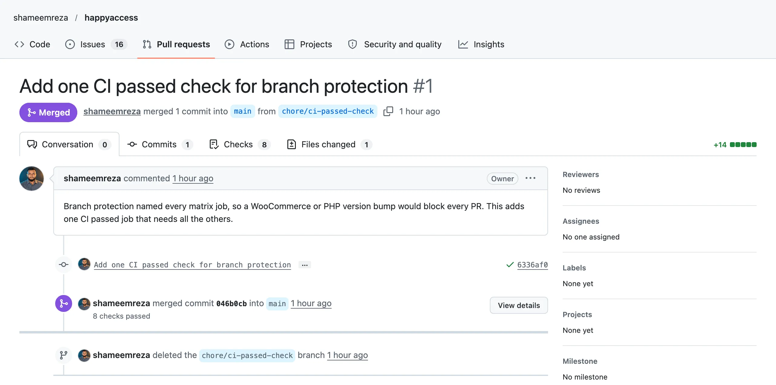 HappyAccess pull request number 1, Add one CI passed check for branch protection, merged into main with 8 checks passed
