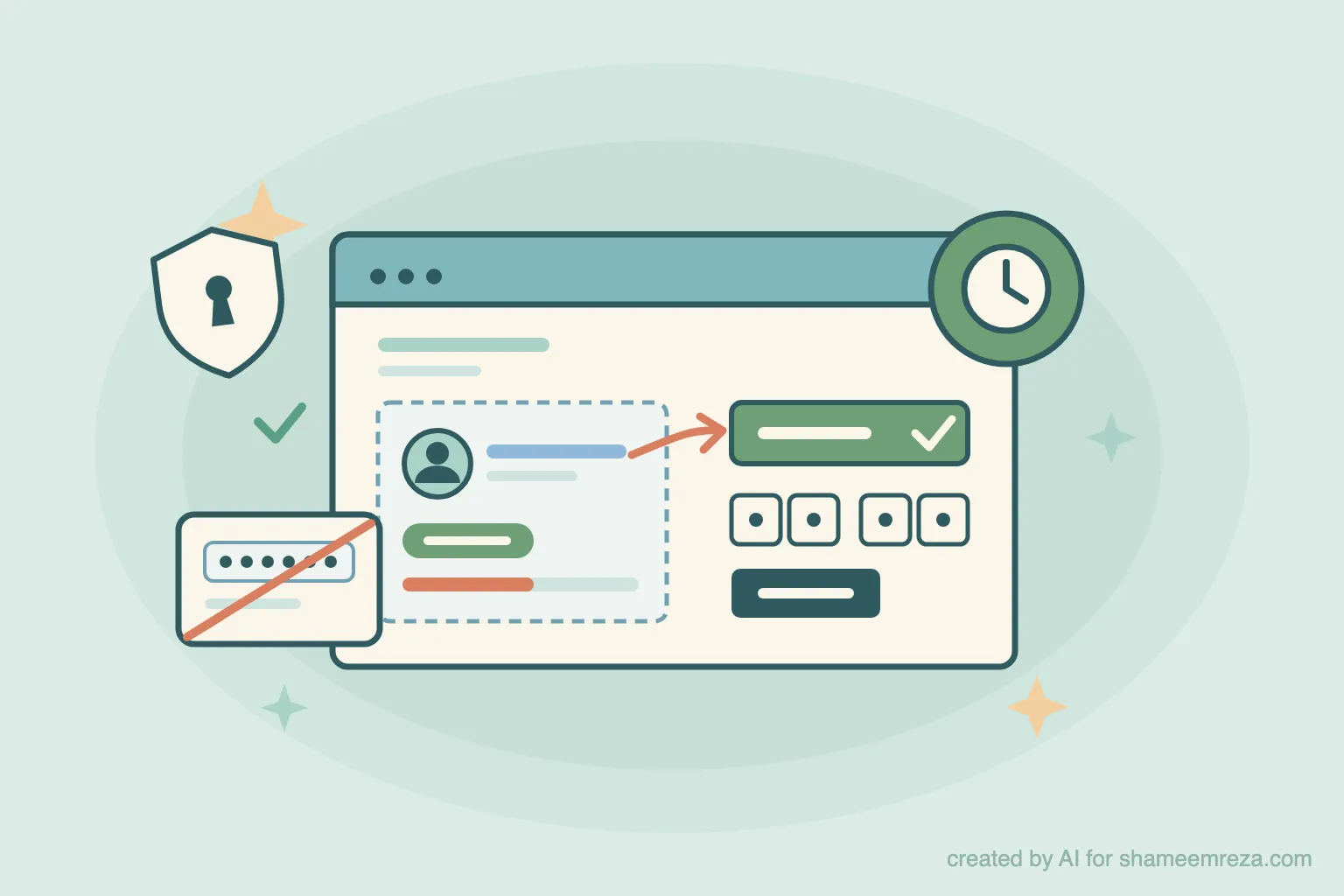 A WordPress admin window with a temporary user and a ready login link and code, a clock showing the access ends by itself, and a crossed-out password card
