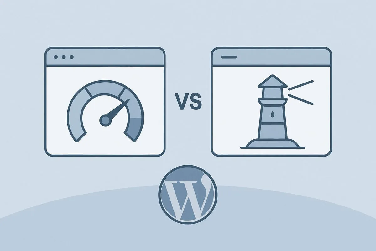 A speed gauge versus a lighthouse, comparing Google PageSpeed and Lighthouse, with a WordPress logo