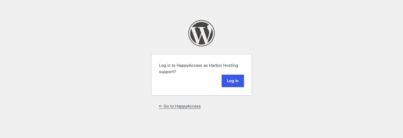 The HappyAccess confirm screen a support person sees after opening a login link, asking them to confirm before logging in