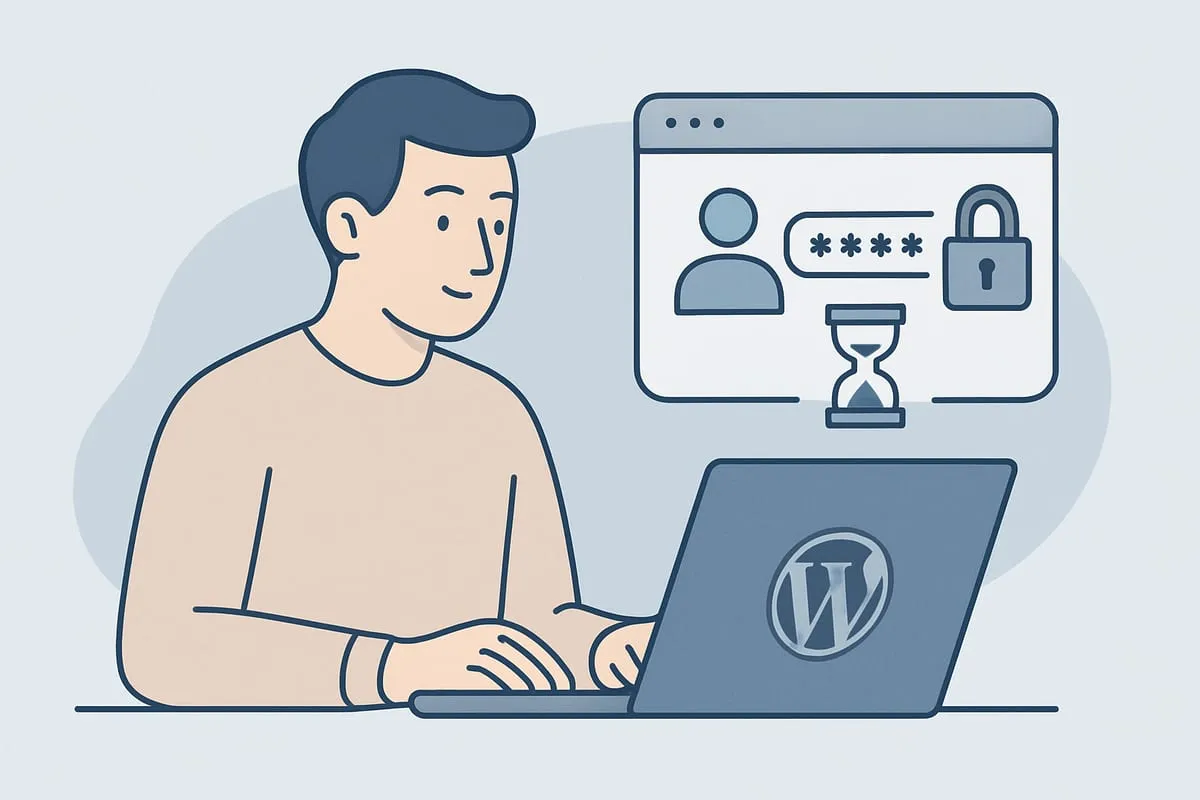 A person on a laptop with a login form, a padlock, and an hourglass for temporary access