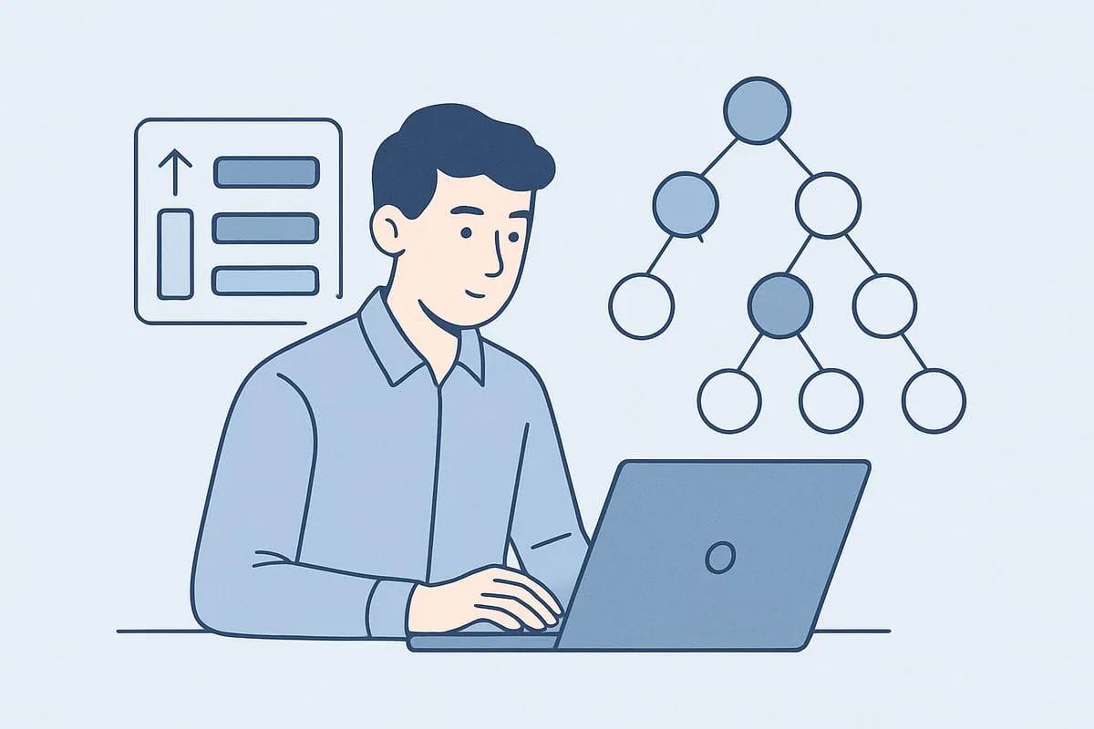 A person on a laptop beside a priority list and a heap tree diagram