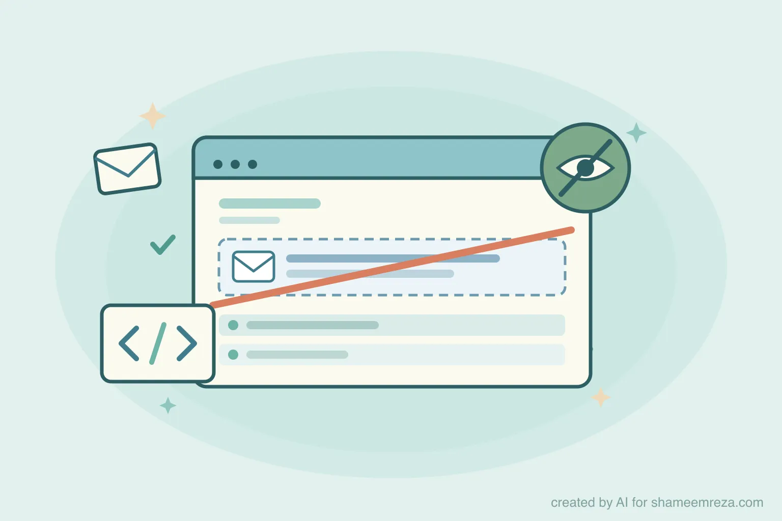 Illustration of a browser window with an email confirmation notice crossed out and an eye-off badge