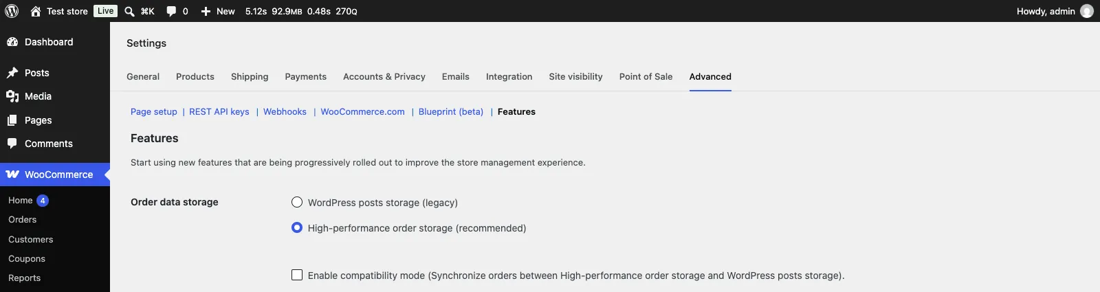 WooCommerce Settings, Advanced tab, Features section, with Order data storage set to High-performance order storage (recommended) and WordPress posts storage (legacy) as the other choice
