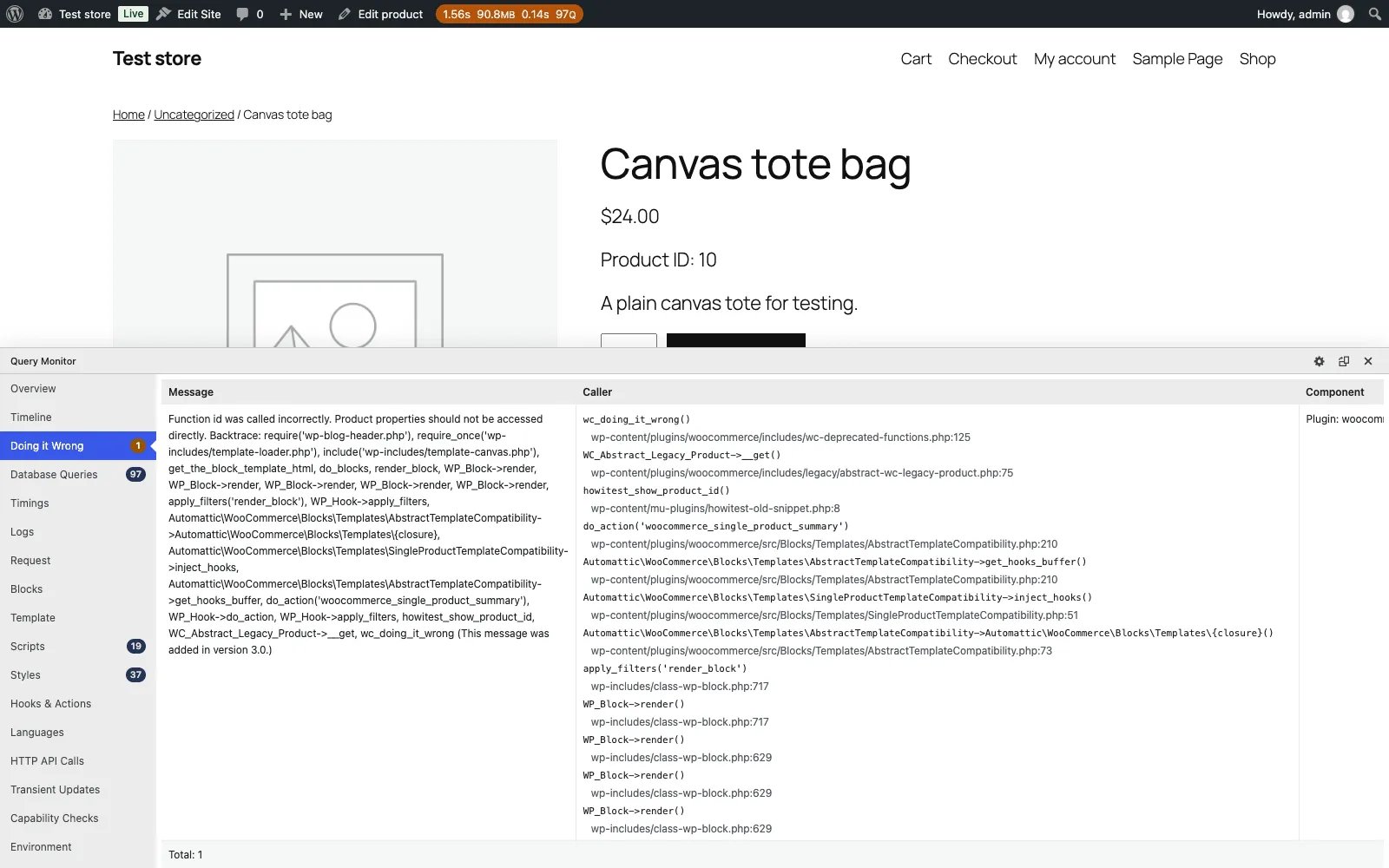 Query Monitor’s Doing it Wrong panel open under a WooCommerce product page, with the message Product properties should not be accessed directly and a caller list that includes howitest_show_product_id in the mu-plugins folder