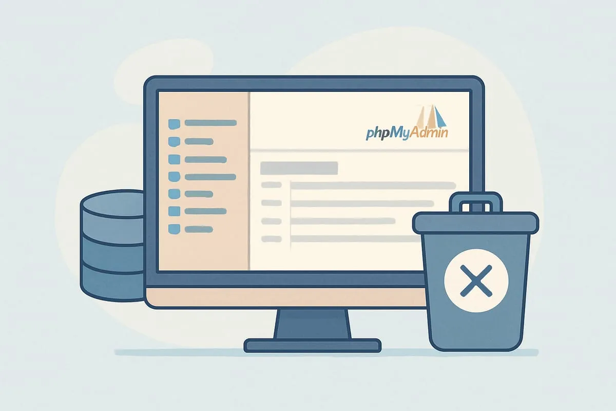 phpMyAdmin on a monitor beside a database and a trash can