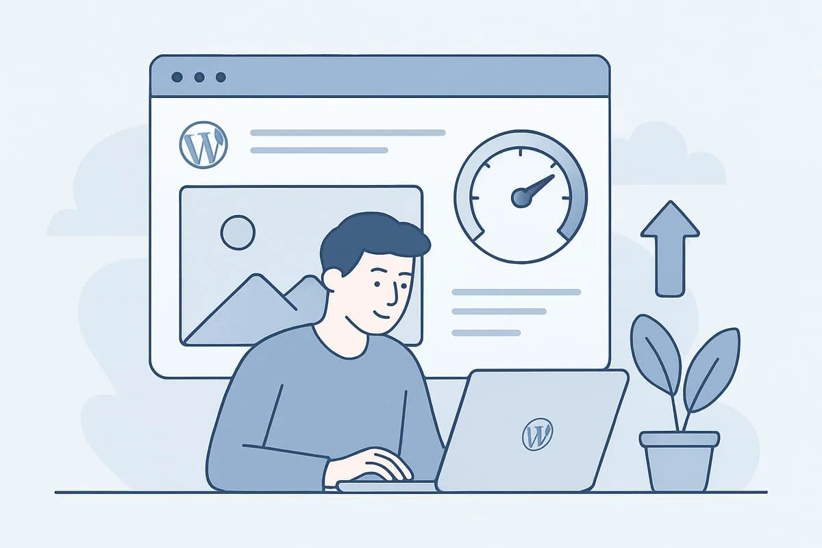A person on a laptop in front of a web page with a speed gauge and an upward arrow