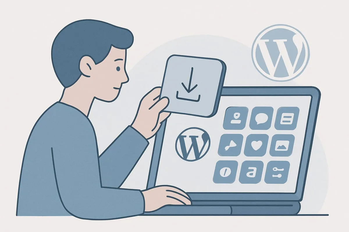 A person adding an icon set to a WordPress site on a laptop