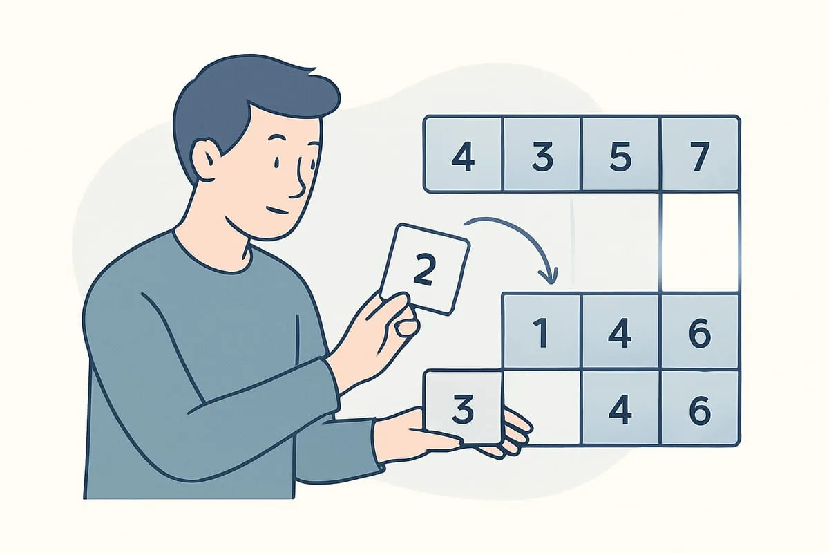 A person inserting numbered cards into a sorted row