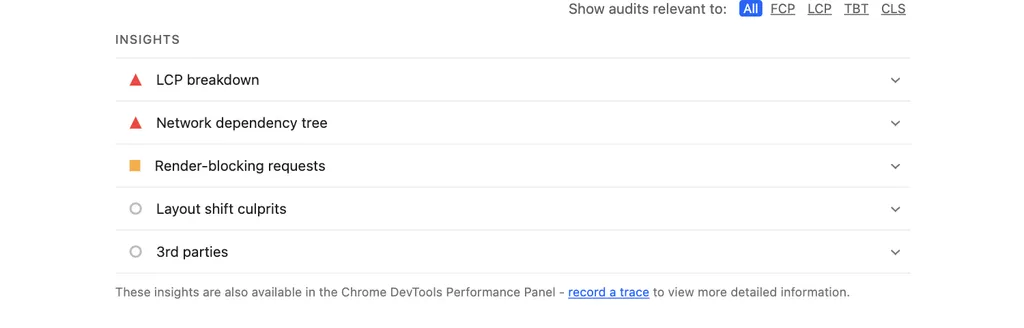 Lighthouse insights section listing LCP breakdown, network dependency tree, and render-blocking requests