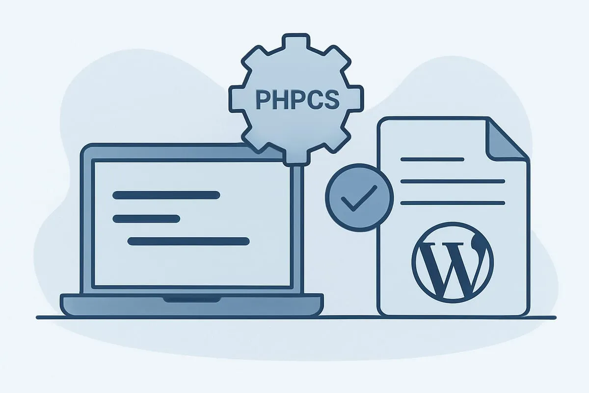 PHPCS gear and a checkmark beside a laptop and a WordPress document