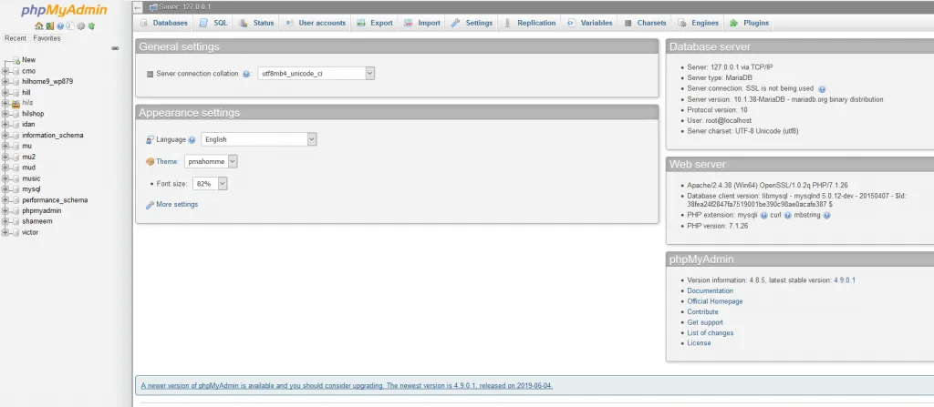 phpMyAdmin dashboard on localhost