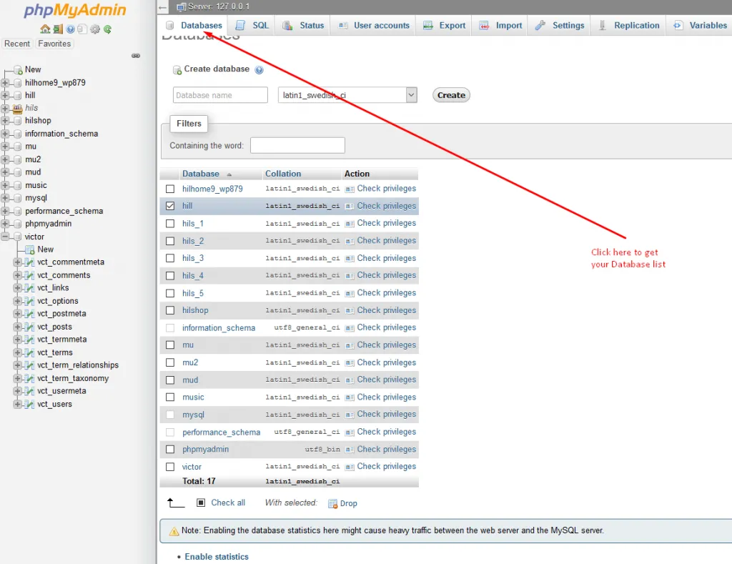 List of databases in phpMyAdmin