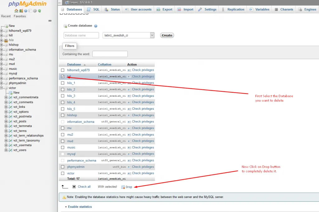 Dropping a database from the Databases list
