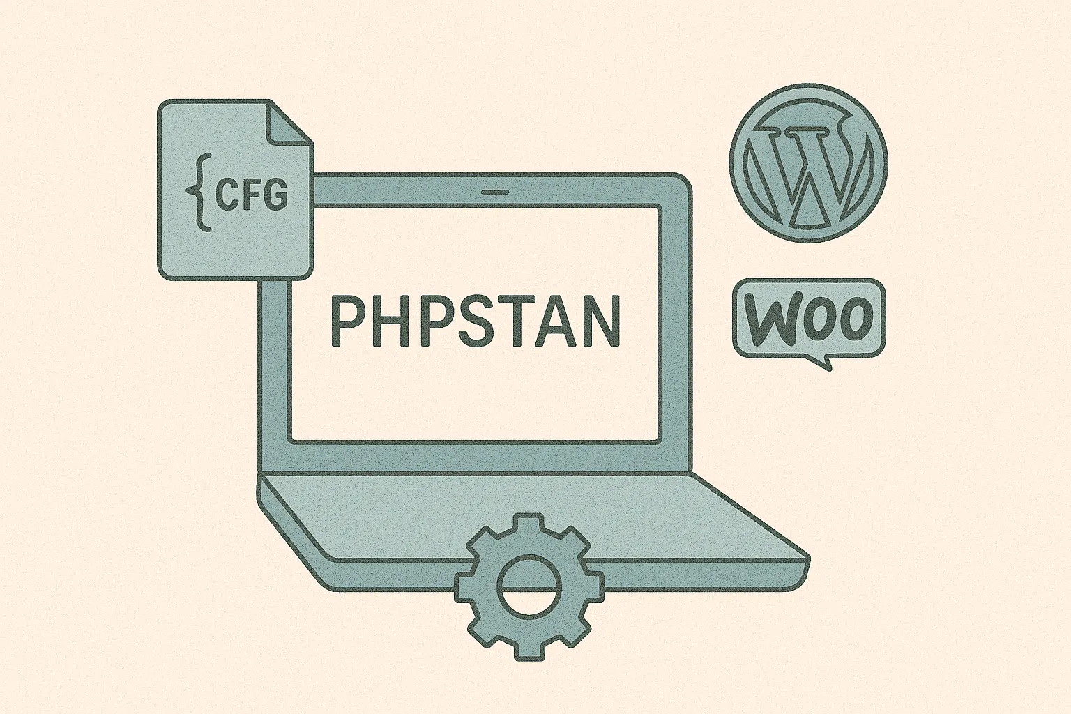 A laptop showing PHPStan with a config file and the WordPress and WooCommerce logos